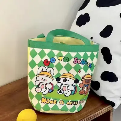 Printed Canvas Bucket Bag with Cartoon Illustration for Women - 4