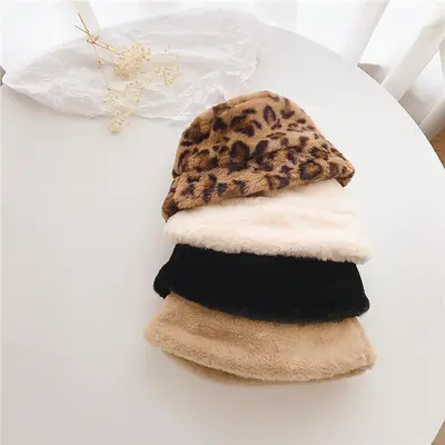 Çocuk kova şapkası, sonbahar ve kış, tavşan kürklü, leopar baskılı