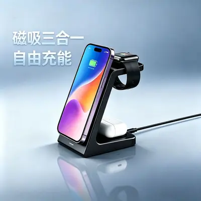 15W磁吸三合一无线充电支架MagSafe磁吸快充桌面无线充电器跨境