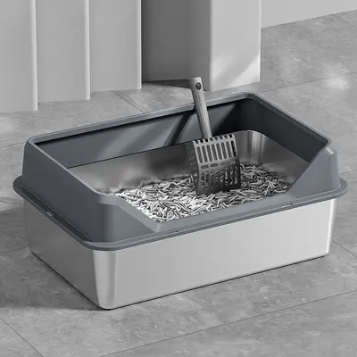 Cross-border stainless steel cat litter box, top-entry with lid, side-opening door, stainless steel cat toilet with high fence, pet supplies