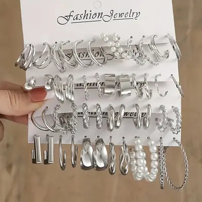 欧美C形金属纹理高级感个性耳圈女复古麻花耳环套装6件套earrings - 12