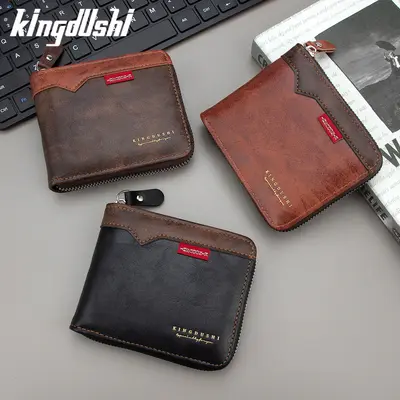 Erkek Kısa Cüzdan, PU Deri, Patchwork Tasarım, Fermuarlı Bozuk Para Bölmeli - 3