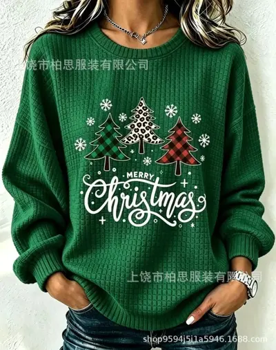 Kadın retro Noel baskılı sweatshirt, yuvarlak yaka, sonbahar ve kış - 10