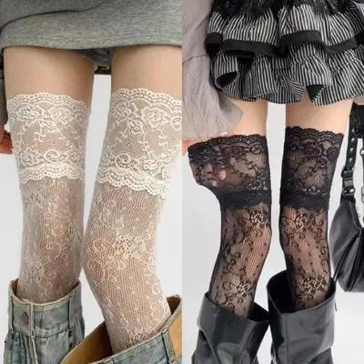 Japanischer JK-Stil, weiße Spitzen-Overknee-Strümpfe, ultradünn, durchbrochen