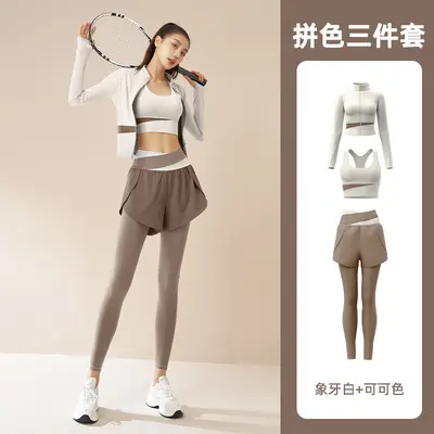 拼色瑜伽三件套网红跑步运动服透气修身瑜伽服套装女 - 10
