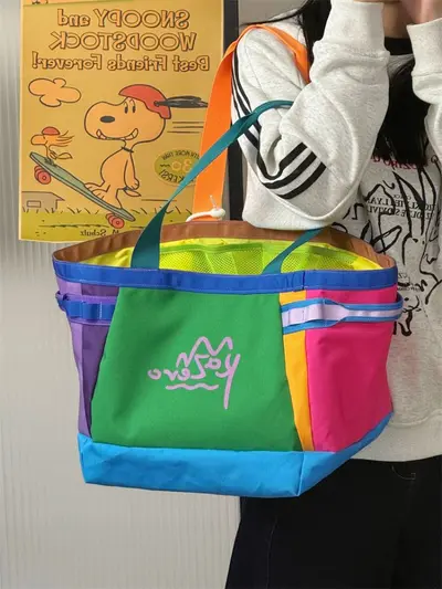 Cross-border New Girl School Single Shoulder Bag Large Capacity Cartoon Cute Tote Bag Dopamine Color Block Handbag - 4