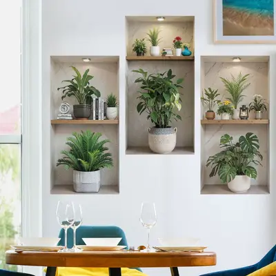 Frameless Potted Plant Shelf Wall Sticker Painting for Living Room, Model 69210