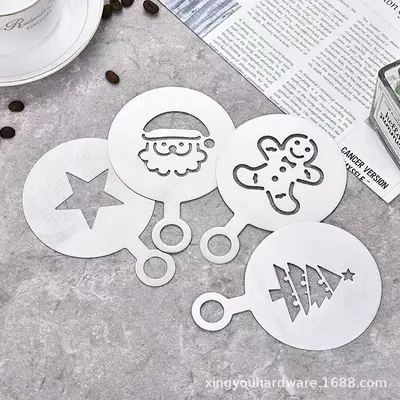 Stainless Steel Latte Art Stencil and Round Icing Sugar Sifter, Hollow Pattern