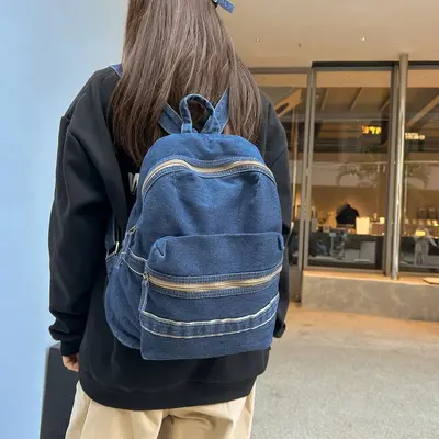 Retro Denim Small Backpack for Women, Student Casual Daypack - 1