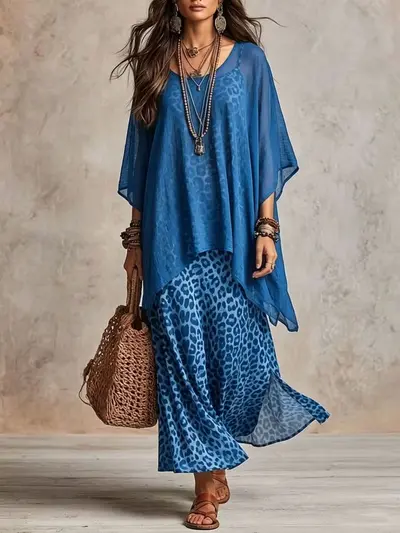 Women's Chiffon Leopard Print Two-Piece Dress Set with Camisole