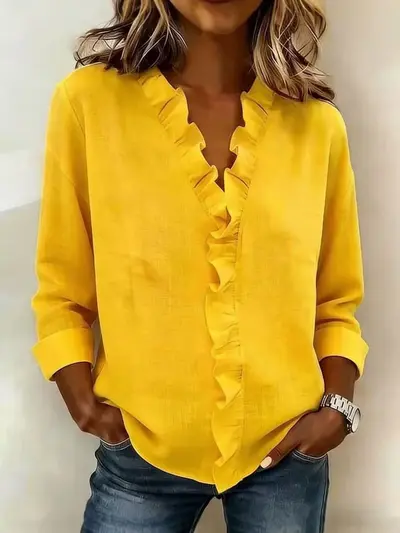 Women's Ruffled Edge Long Sleeve Cotton Shirt, Spring Style - 12