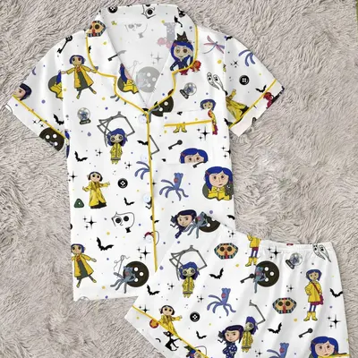 Kadın Cadılar Bayramı Pijama Takımı, Karikatür Baskılı, Süt İpeği Kısa Kollu