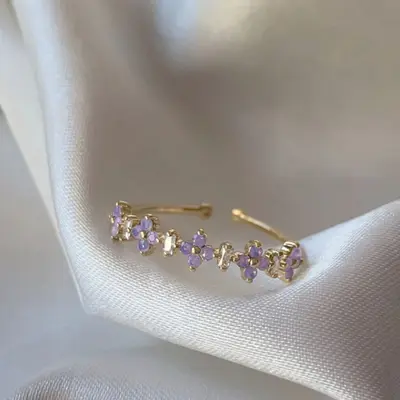 In Europa und Amerika sehr beliebter verstellbarer offener Ring mit Zirkonsteinen, 16er vergoldetes Kupfer mit echtem Gold, süßer und niedlicher Blütenring für Frauen. - 12