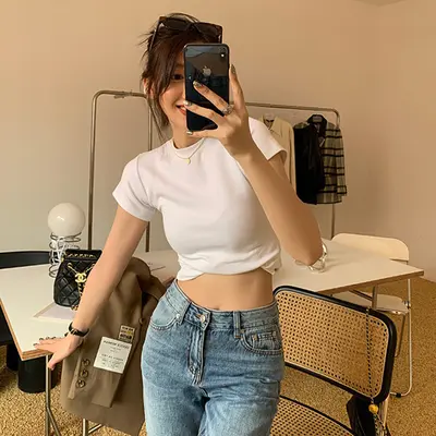Solid Color Slim-Fit Short Sleeve T-Shirt for Women