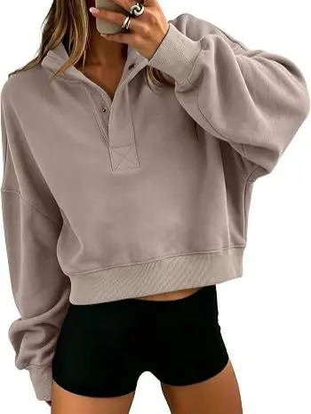 Henley Collar Long Sleeve Sweatshirt, Soft Casual Fit, Autumn Winter
