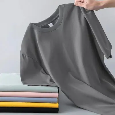 Sommerliches Milchweiß-Seide-180g-Baumwoll-Herren-T-Shirt mit kurzen Ärmeln in Weiß, lockerer Schnitt, undurchsichtige Auskleidung, Sommer-Oberteil, direkt vom Hersteller - 9