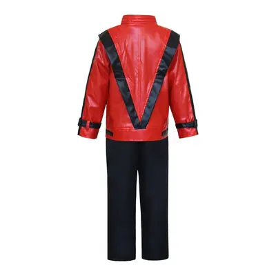 Çocuk Jackson Thriller cosplay takımı, kırmızı siyah deri ceket ve pantolon