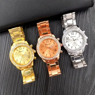 Women's Quartz Watch with Diamond Alloy Steel Strap, Geneva Style