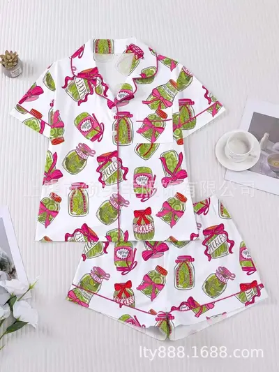 Women's Pajama Set with Pink Dinosaur Print and Button-Up Lapel - 7