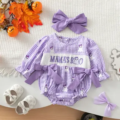 Baby Mädchen Langarm Halloween Strampler mit Schleife und Karomuster