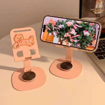 Metal Desktop Phone and Tablet Stand, Cute Pink Cat Design