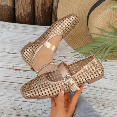 Women's Hollow Mary Jane Shoes, Woven Detail, Square Toe, Flat Sole