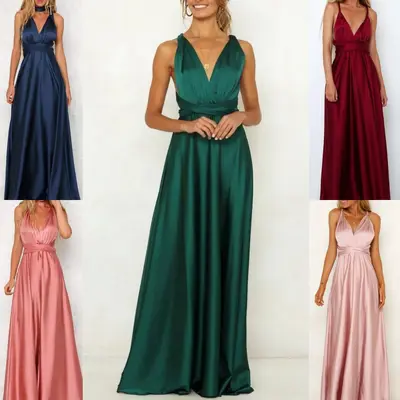 Women's Satin Long Evening Dress, Deep V-Neck, Solid Color, Summer
