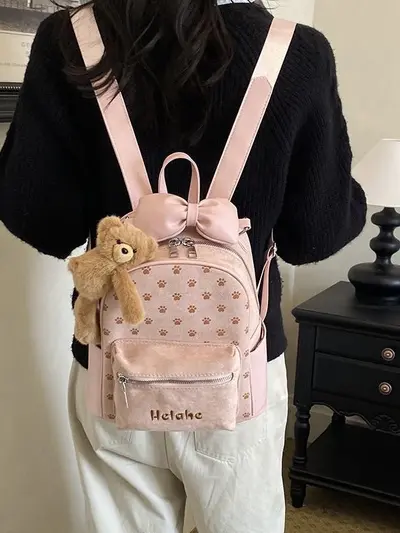 Women's Backpack with Cartoon Puppy Paw Design and Bow, Large Capacity - 5