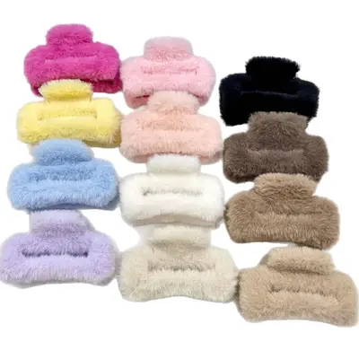 Oufeirle Autumn and Winter Square Plush Hair Clip Large Handmade Rabbit Fur Shark Clip Fluffy Hair Bun Clip Hair Accessory