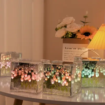 Handmade DIY Flower Cube Tulip Finished Product Night Light Creative Desktop Atmosphere Lamp Decoration Valentine's Day Gift