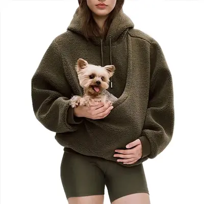 BK8837# Amazon Avrupa Amerika Sonbahar Kış Sınır Ötesi Düz Renk Kapşonlu Peluş Evcil Hayvan Cepli Geniş Kesim Sweatshirt Kadın - 11