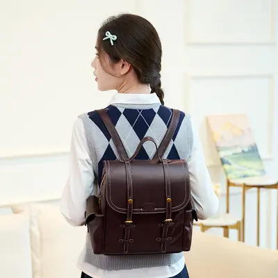 Women's Retro Preppy Backpack, Large Capacity Student Bag - 3