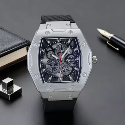 Herren Quarzuhr, Fass-Design, Silikonarmband, durchbrochenes Zifferblatt