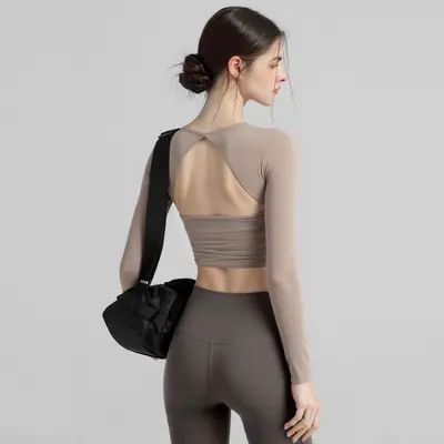 Women's Long-Sleeve Open-Back Yoga Top with Built-in Bra Pads - 6