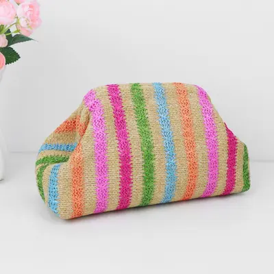 Imitation Straw Woven Cosmetic Bag, Rainbow Stripe, Large Capacity - 13