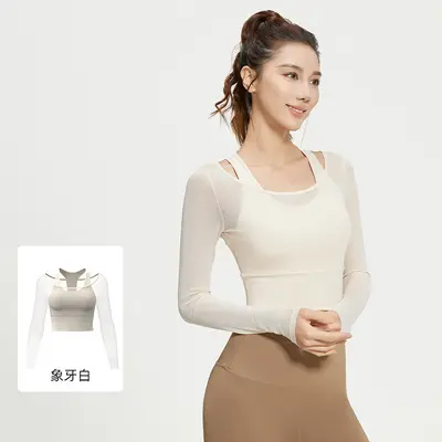 Women's Yoga Top, Fake Two-Piece, Chest Pads, Long Sleeve Mesh Pilates Wear - 8