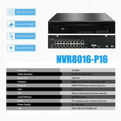 16 kanallı POE NVR video kaydedici H265 HD