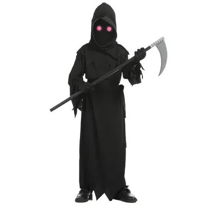 Halloween Children's Red-Eye Grim Reaper Costume with Scythe, Dark Messenger Ghost Cosplay Outfit Set, Stage Costume