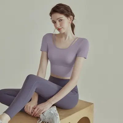 Kadın yoga kıyafeti takımı, düz renk kısa kollu, pilates ve fitness için - 3