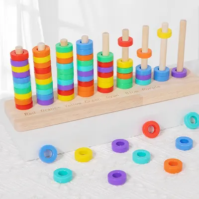 Wooden Seven-Color Sorting and Ring Toss Game, Early Education Toy