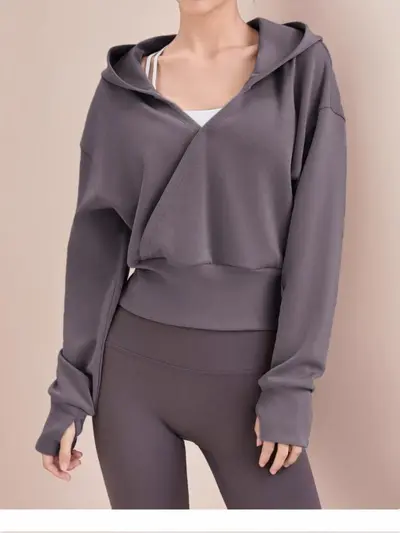 Kadın Yoga Ceketi, V Yaka Slim Fit Kapüşonlu Sweatshirt, Sonbahar ve Kış - 1