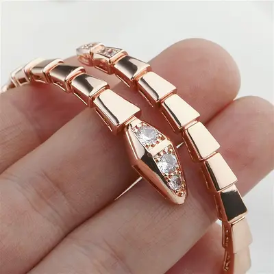 Snake-shaped bracelet with full rhinestones, 18k gold plating - 12