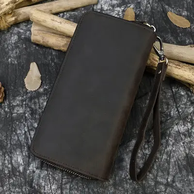 Men's Crazy Horse Leather Long Wallet with Zipper, Double-Layer Cowhide - 6