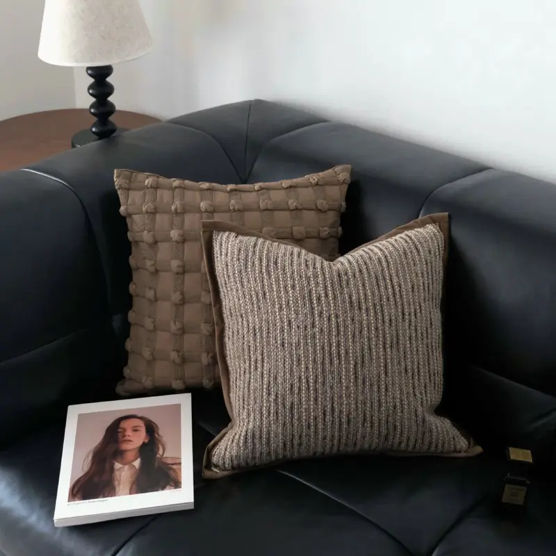 Brown wabi-sabi style simple striped wide-bordered lumbar pillow cushion cover living room sofa pillow model room pillow