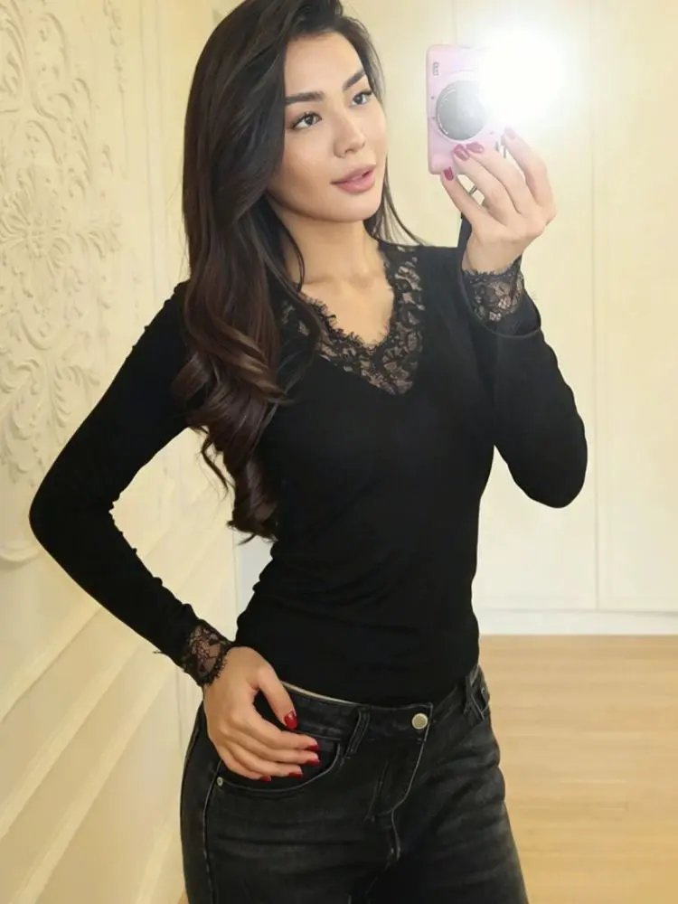 Pure Desire Sexy New V-neck Lace Trim Long-sleeve T-shirt Women's Spring/Fall Spicy Girl Fitted Slimming Underwear Top Women's Trendy