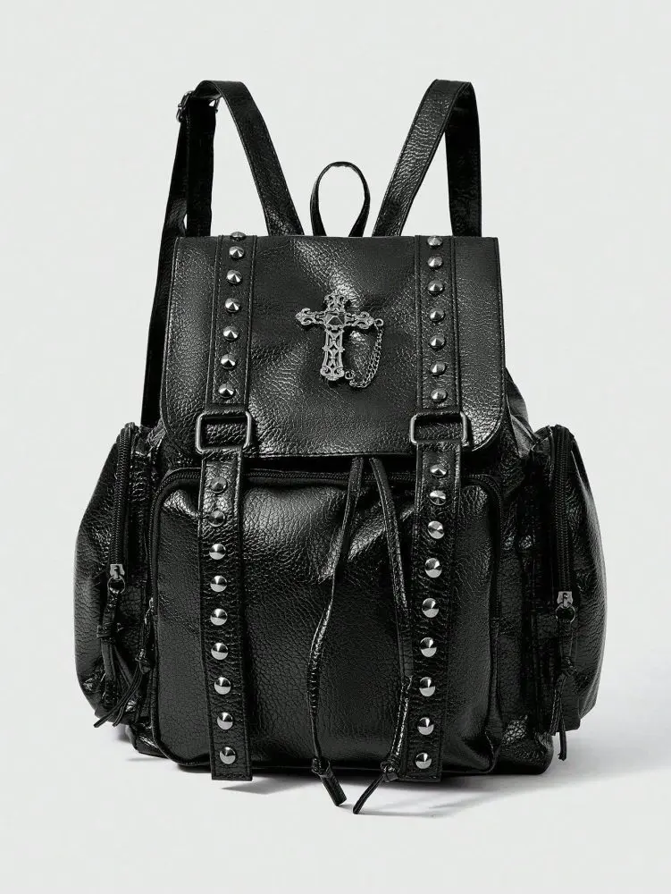Export Crossborder Wasserstoßkaschierung Litchi-Struktur PU-Leder Nieten Motorradjacke Windbreaker Rucksack Kreuz Doppelschulter Rucksack Großvolumiges Damen-Handtasche
