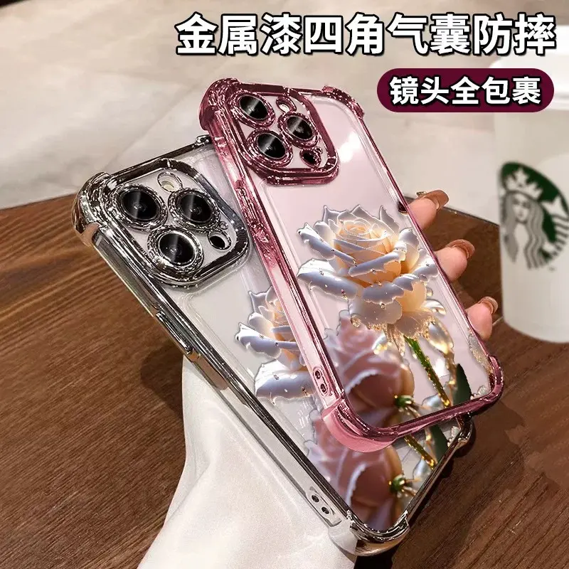 iPhone 16, 15 Pro, 13, 12, X compatible crystal rose pattern airbag transparent electropla