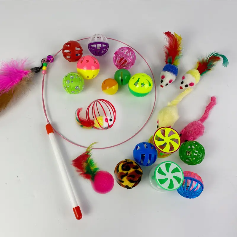 Bell Ball Cat Teaser Wand Toy Set with Mouse and Hollow Ball