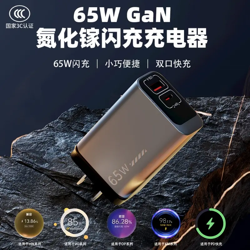 Зарядное устройство GaN 65 Вт, два порта, совместимо с Huawei, Xiaomi, Vivo