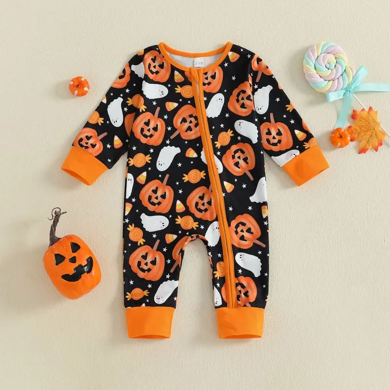 Baby Long Sleeve Romper with Pumpkin Print and Diagonal Zipper